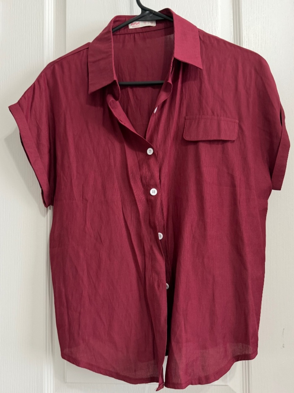Romwe Burgundy Red Short Sleeve Button Down Top - Size M